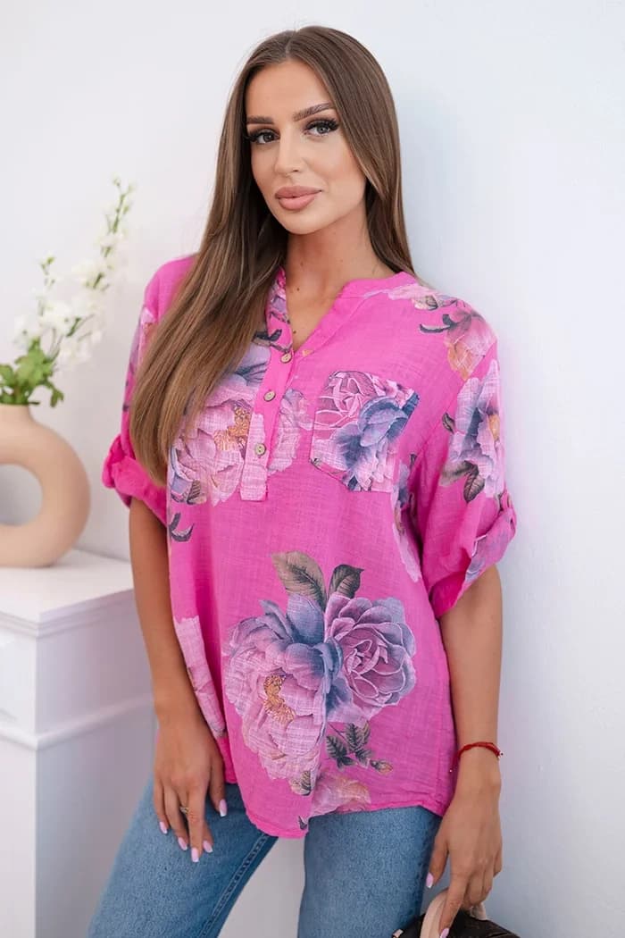 Bluzka Camilla – fuksjowa w niebieskie kwiaty